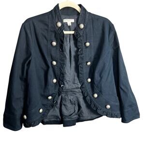Uniform JPR Black Denim Military Style Crop Open Front Blazer Jacket Sz L Preppy